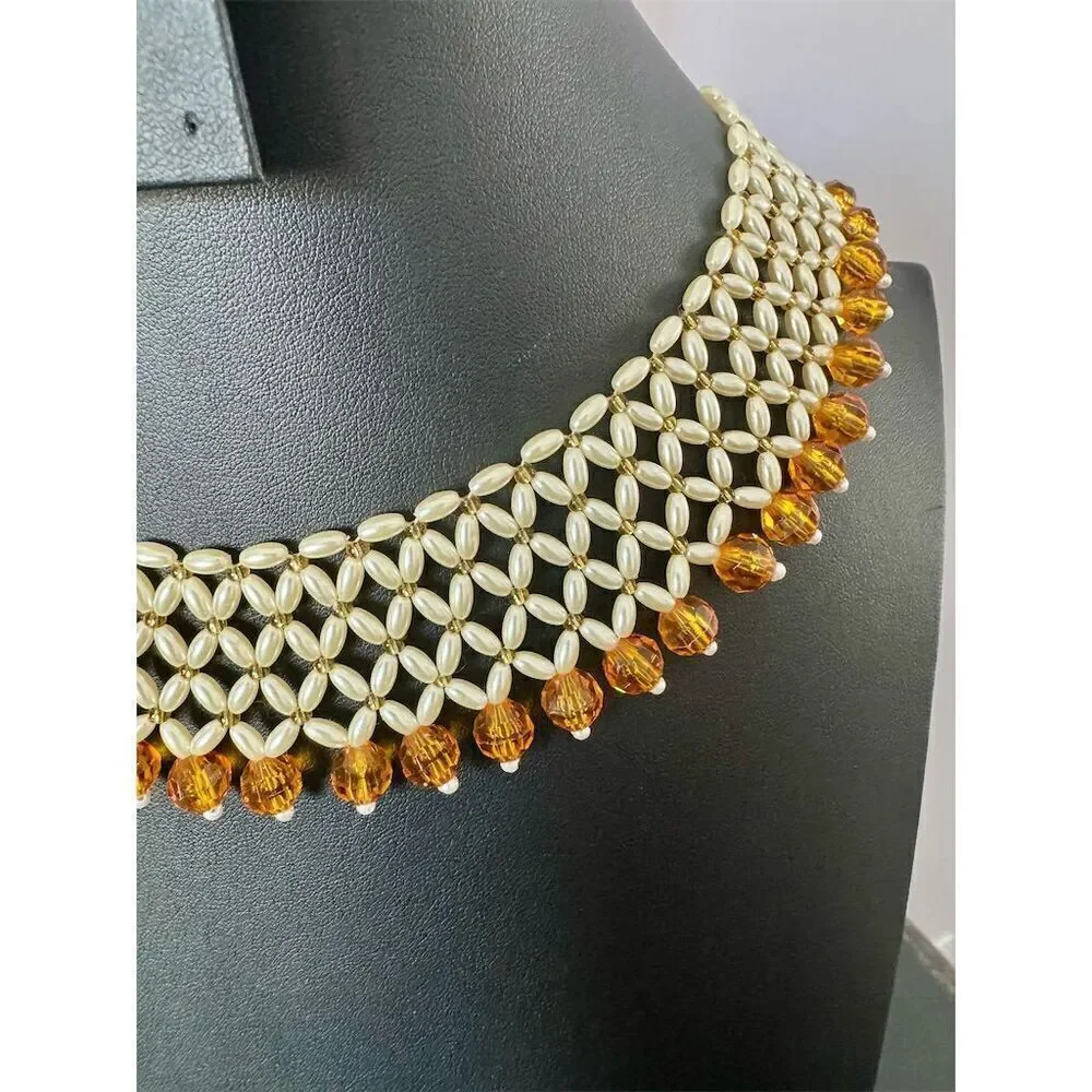 Gold Tone Mesh Choker Necklace with Amber Beads Adjustable Clasp